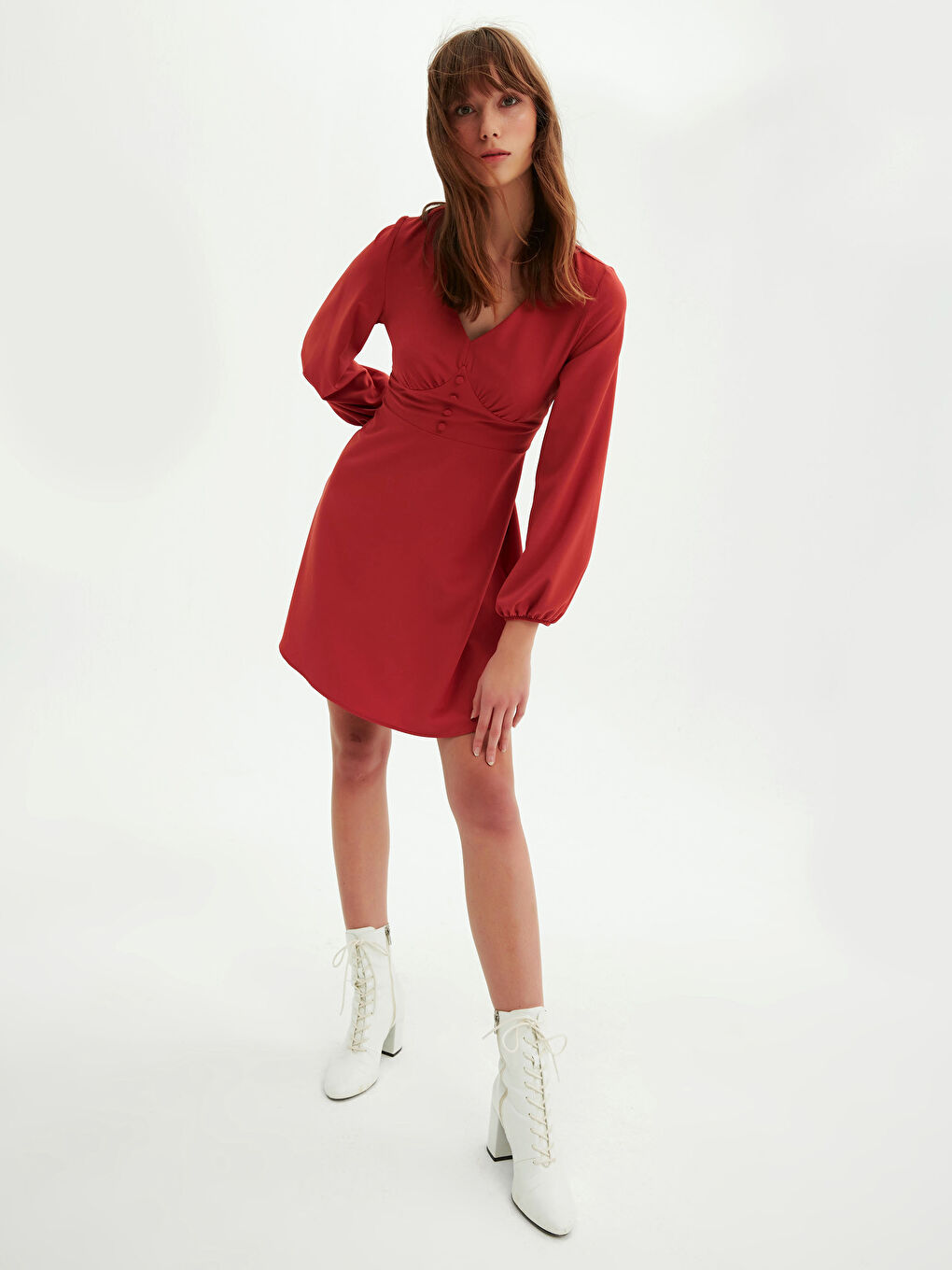 Turuncu V Yaka Uzun Kollu Kadın Kloş Elbise-3