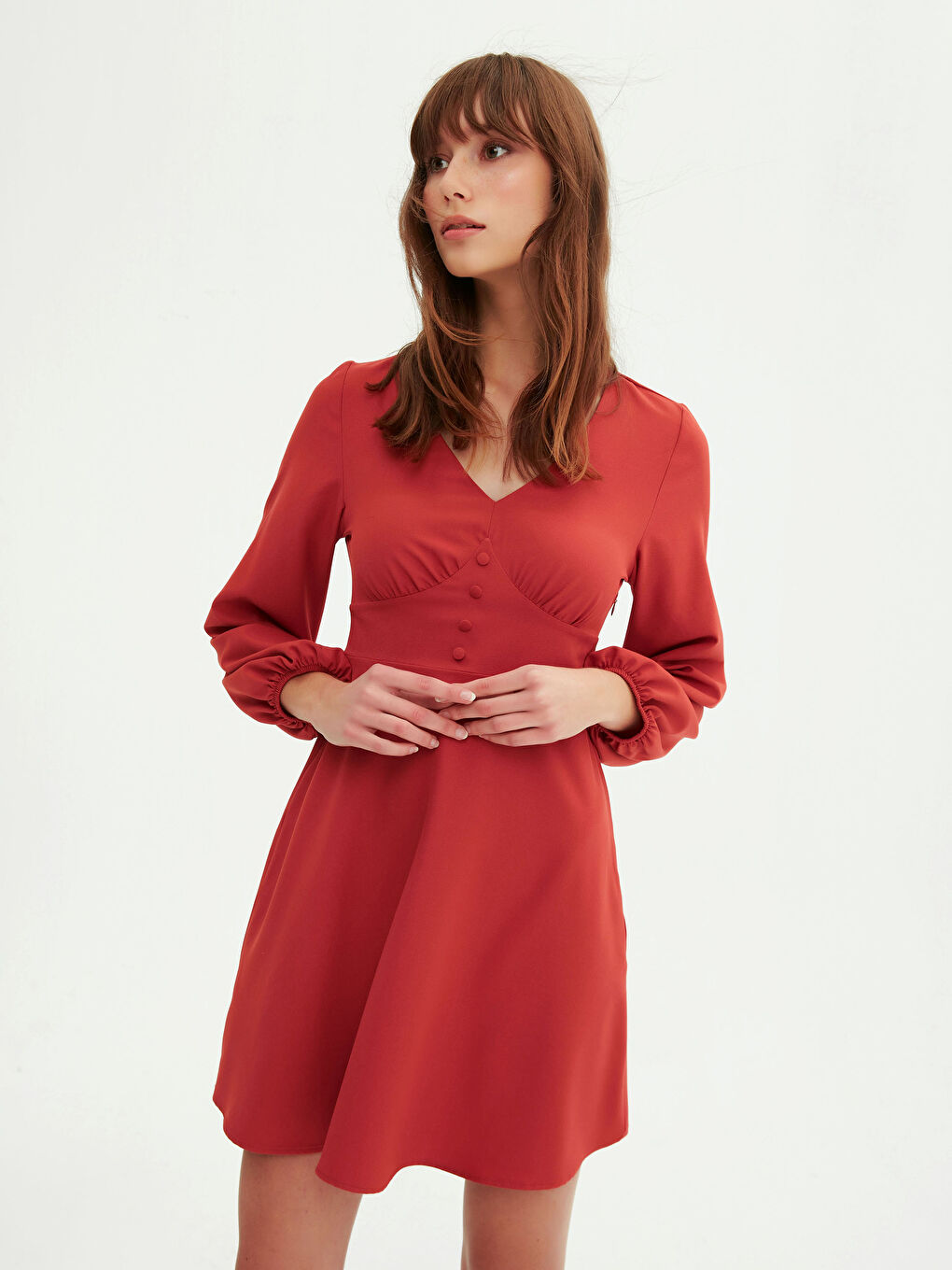 Turuncu V Yaka Uzun Kollu Kadın Kloş Elbise-5