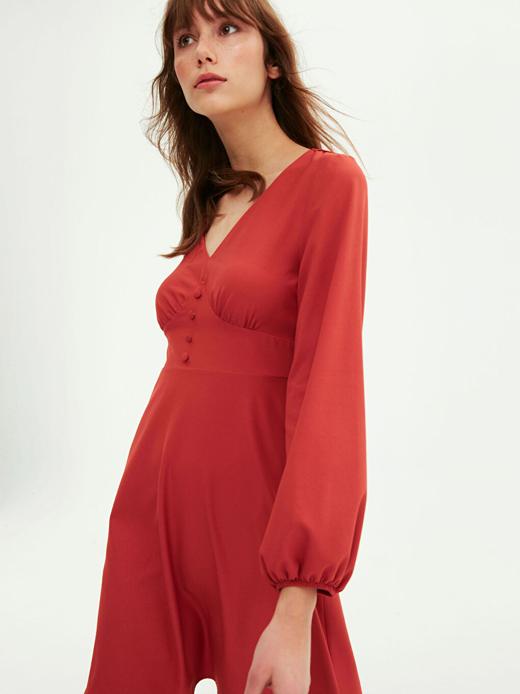 Turuncu V Yaka Uzun Kollu Kadın Kloş Elbise-6