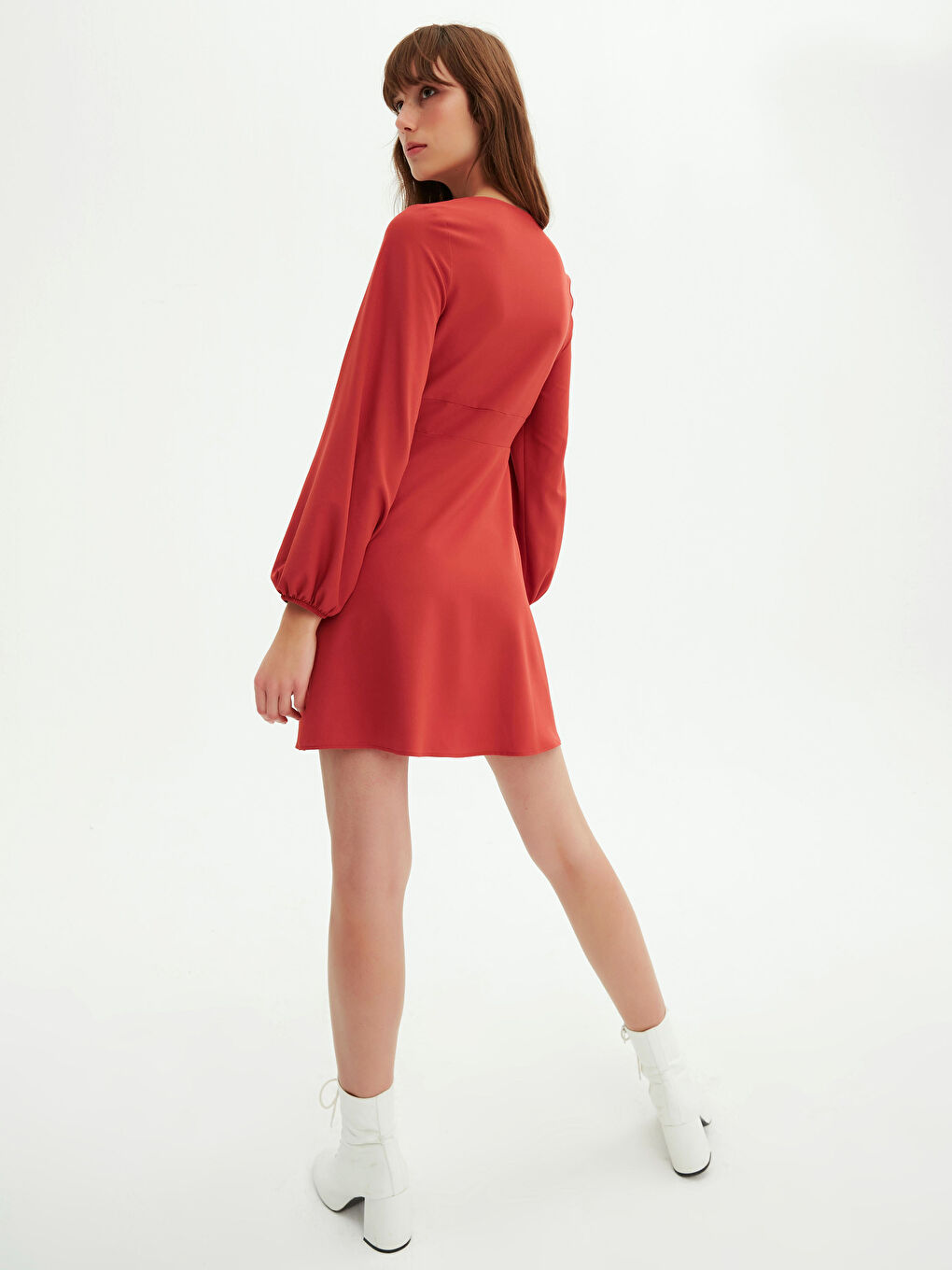 Turuncu V Yaka Uzun Kollu Kadın Kloş Elbise-7