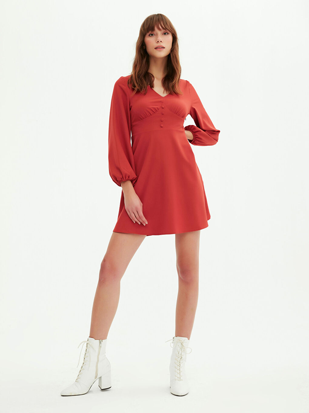 Turuncu V Yaka Uzun Kollu Kadın Kloş Elbise