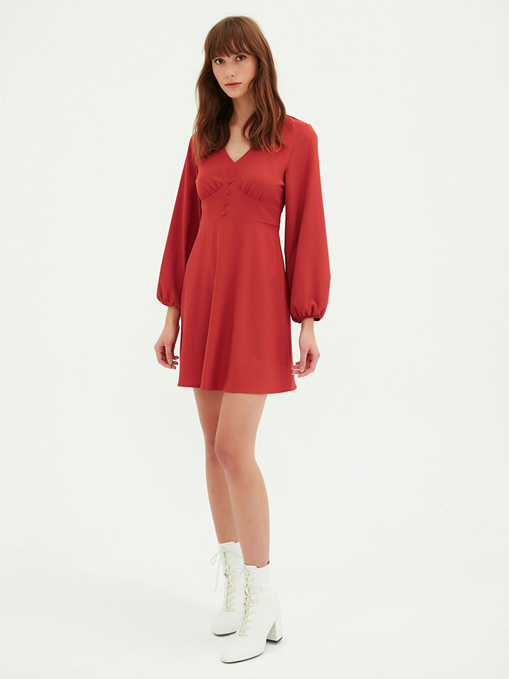 Turuncu V Yaka Uzun Kollu Kadın Kloş Elbise-1