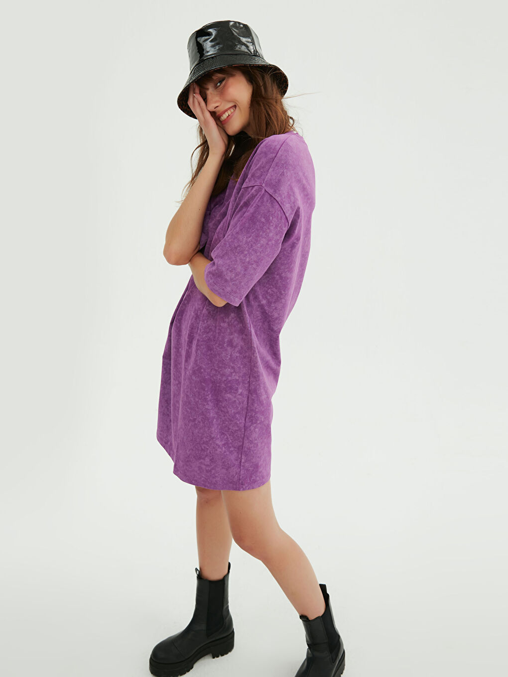 Mor Bisiklet Yaka Kısa Kollu Pamuklu Kadın Elbise-3