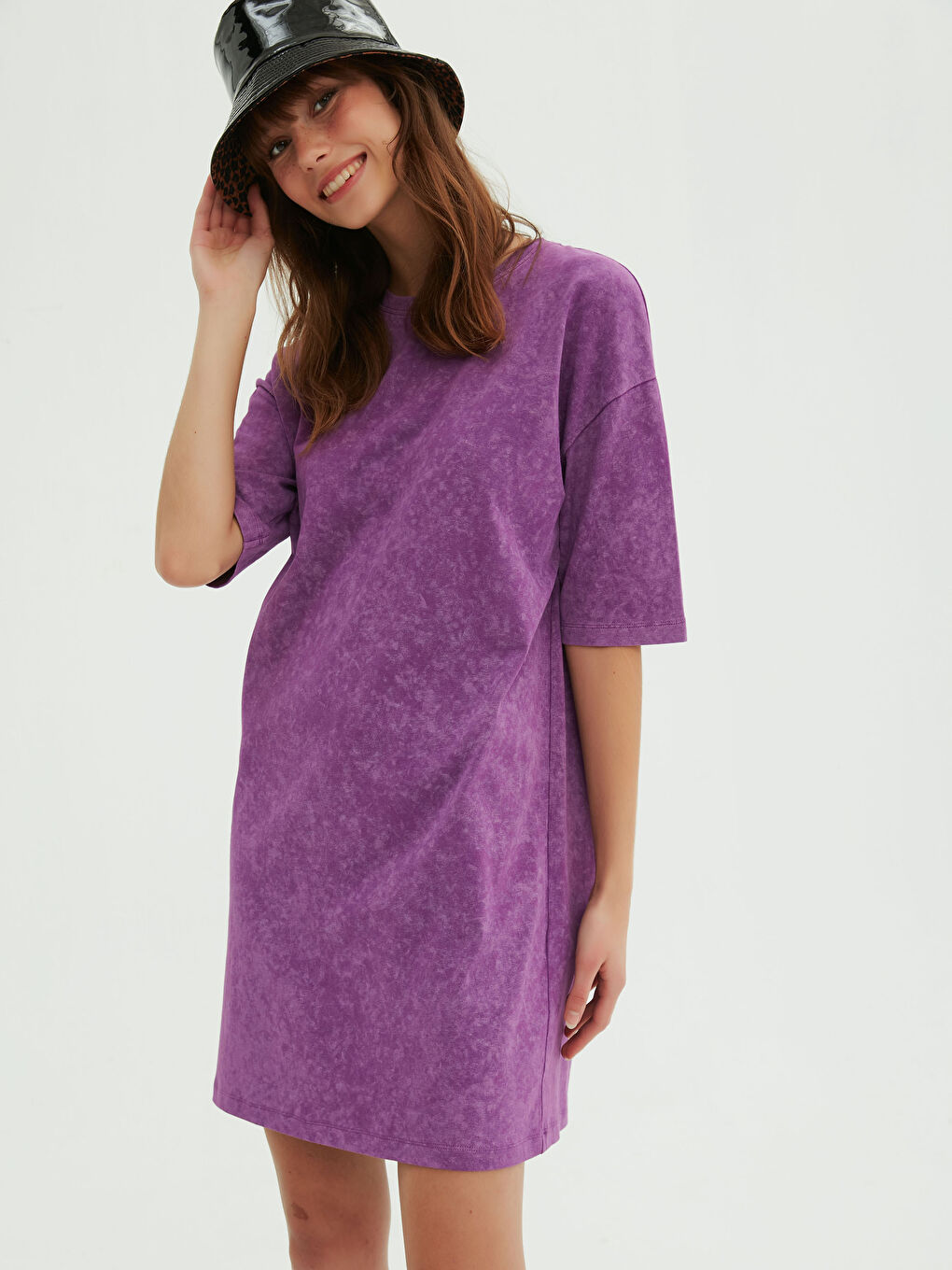 Mor Bisiklet Yaka Kısa Kollu Pamuklu Kadın Elbise-5