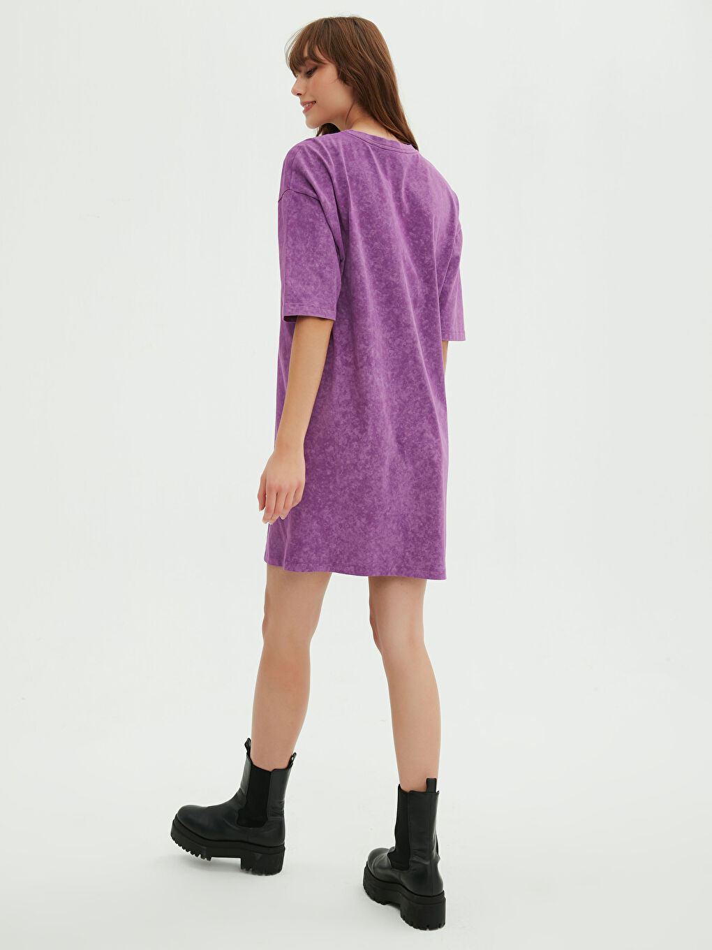 Mor Bisiklet Yaka Kısa Kollu Pamuklu Kadın Elbise-6