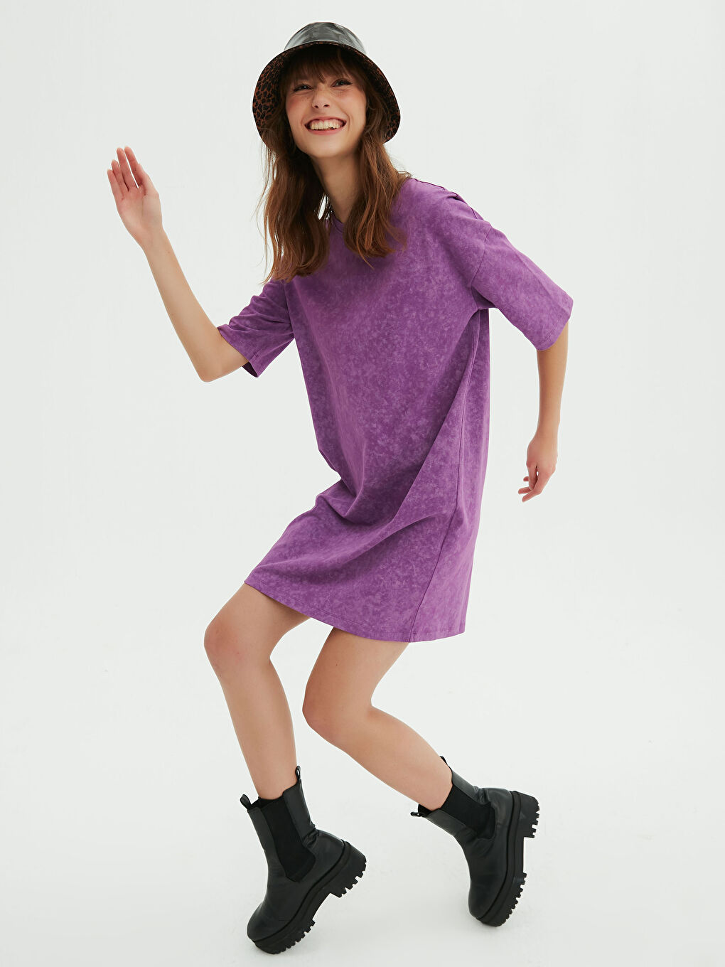 Mor Bisiklet Yaka Kısa Kollu Pamuklu Kadın Elbise-1