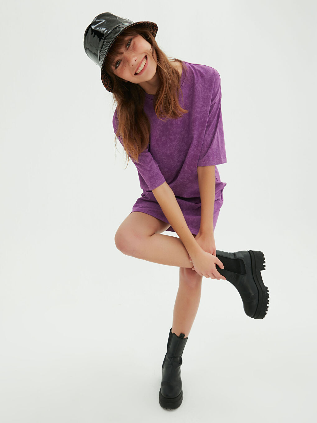 Mor Bisiklet Yaka Kısa Kollu Pamuklu Kadın Elbise-2