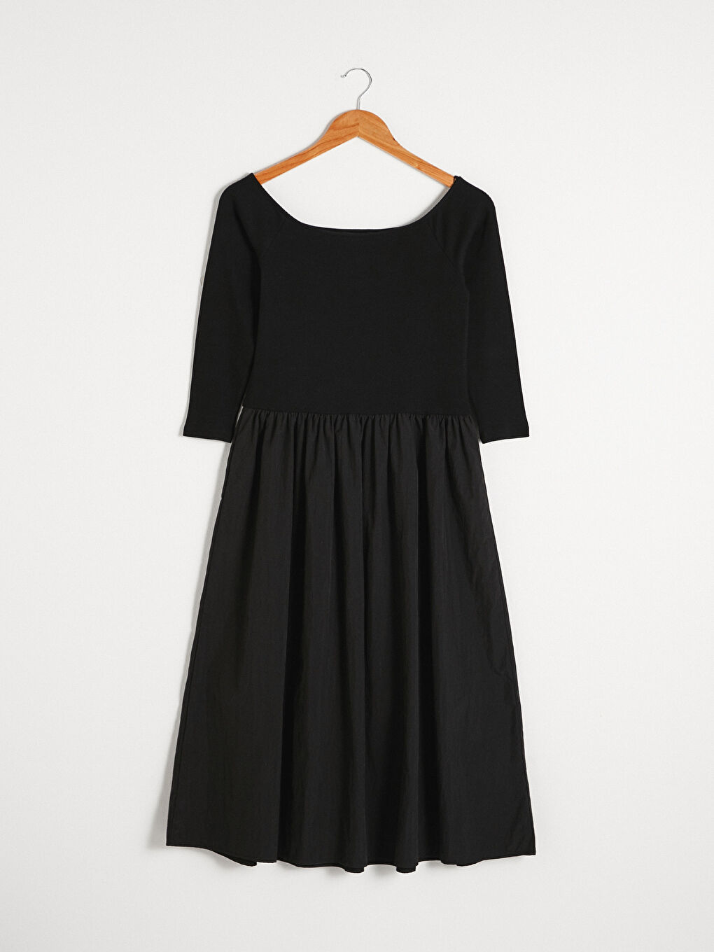 Siyah Kare Yaka Düz Uzun Kollu Kadın Elbise-8