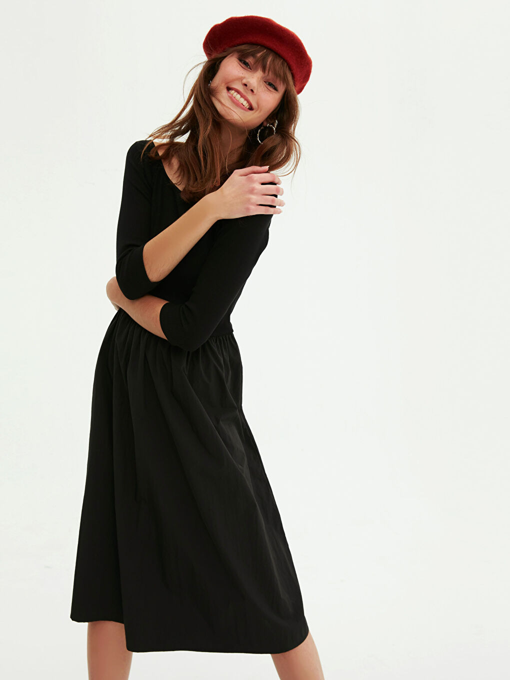 Siyah Kare Yaka Düz Uzun Kollu Kadın Elbise-5