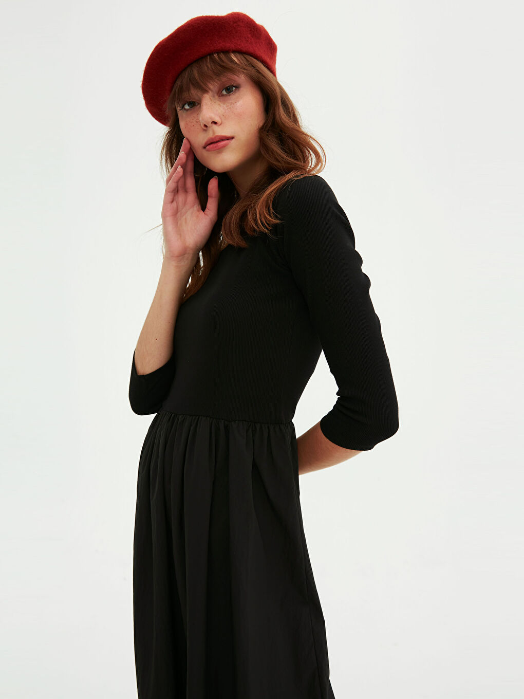 Siyah Kare Yaka Düz Uzun Kollu Kadın Elbise-6