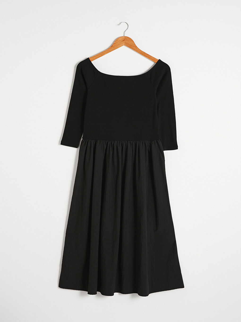 Siyah Kare Yaka Düz Uzun Kollu Kadın Elbise-9