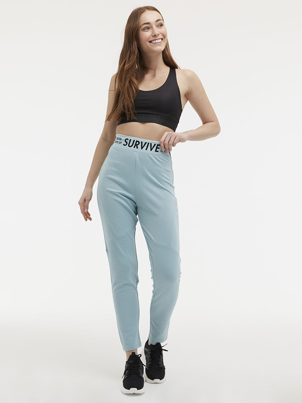 Yeşil Beli Slogan Baskılı Aktif Spor Eşofman Altı-3