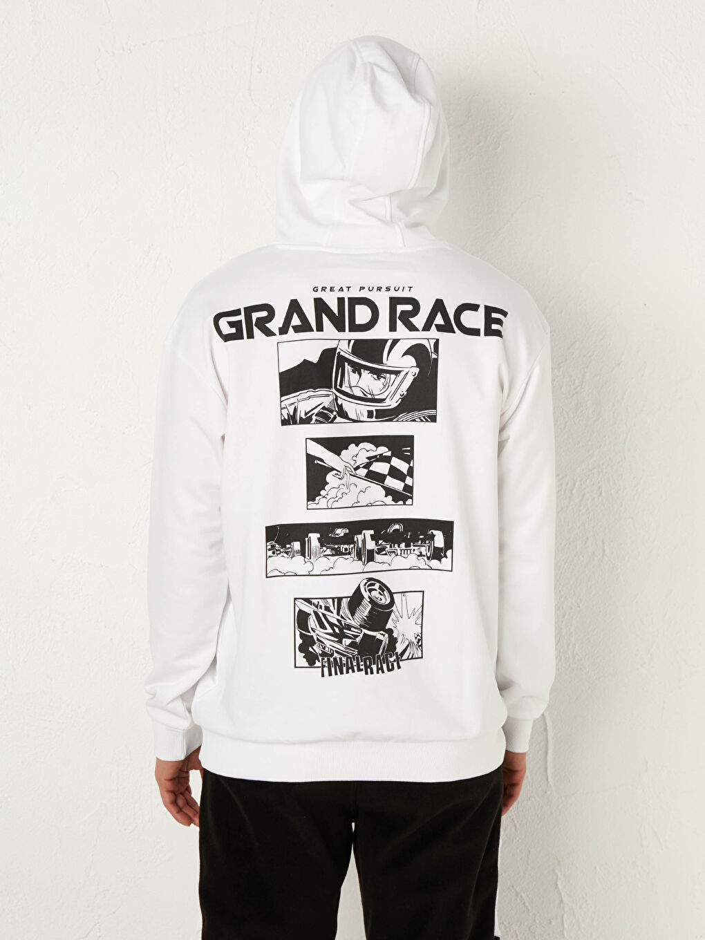 Beyaz Uzun Kollu Baskılı Erkek Hoodie-4