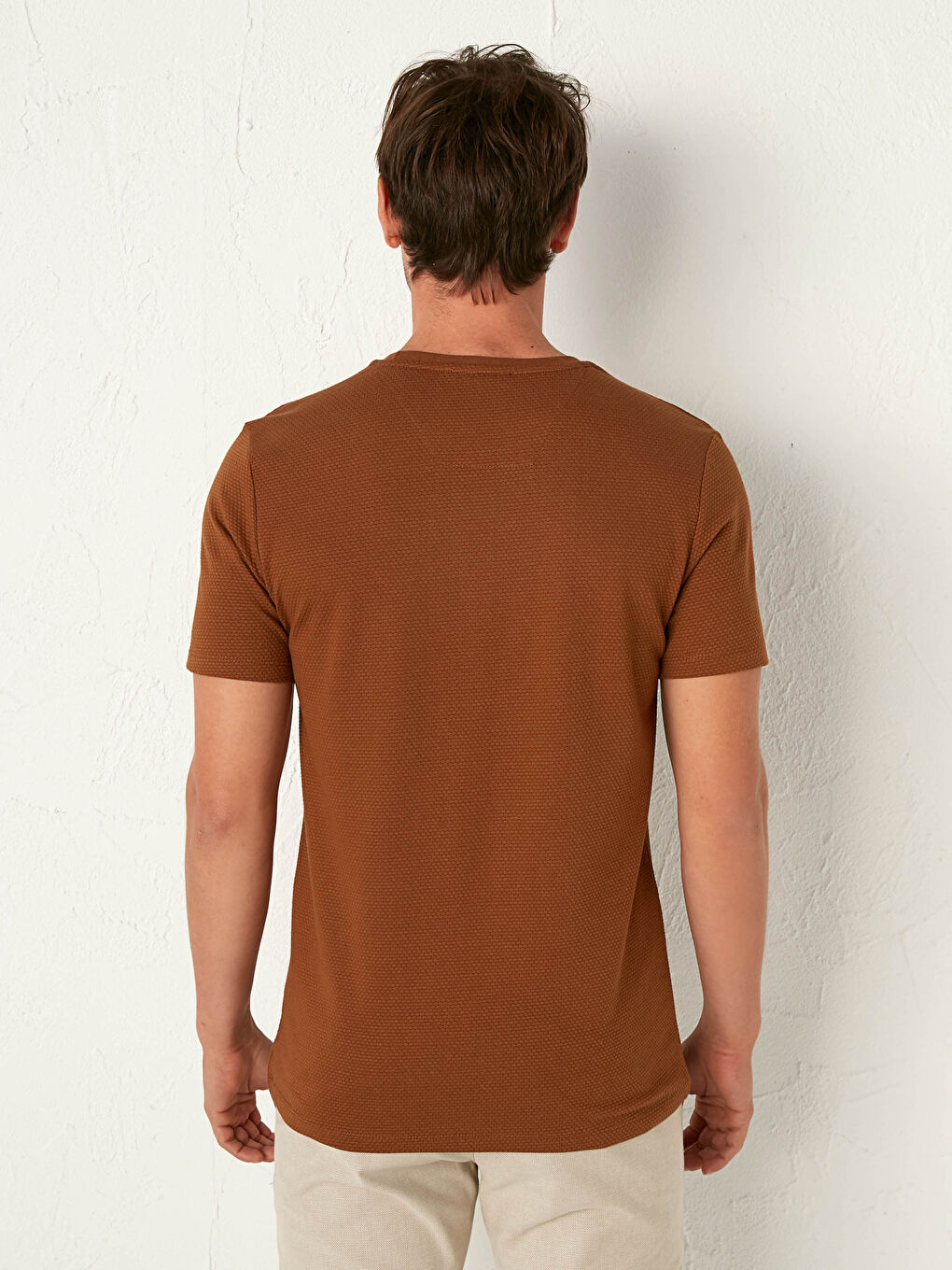 Bej Slim Fit Bisiklet Yaka Basic Tişört-5