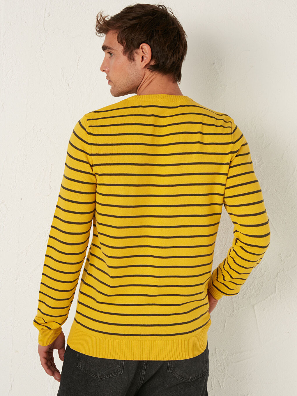 Sarı Bisiklet Yaka Çizgili Triko Kazak-4