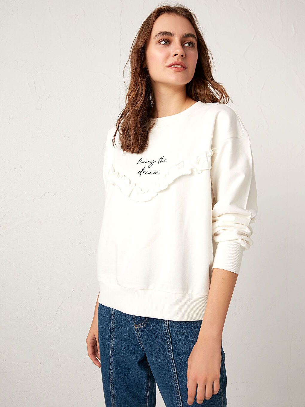 LCW Vision Crew Neck Ruffled Sweatshirt -0WGT36Z8-DBD