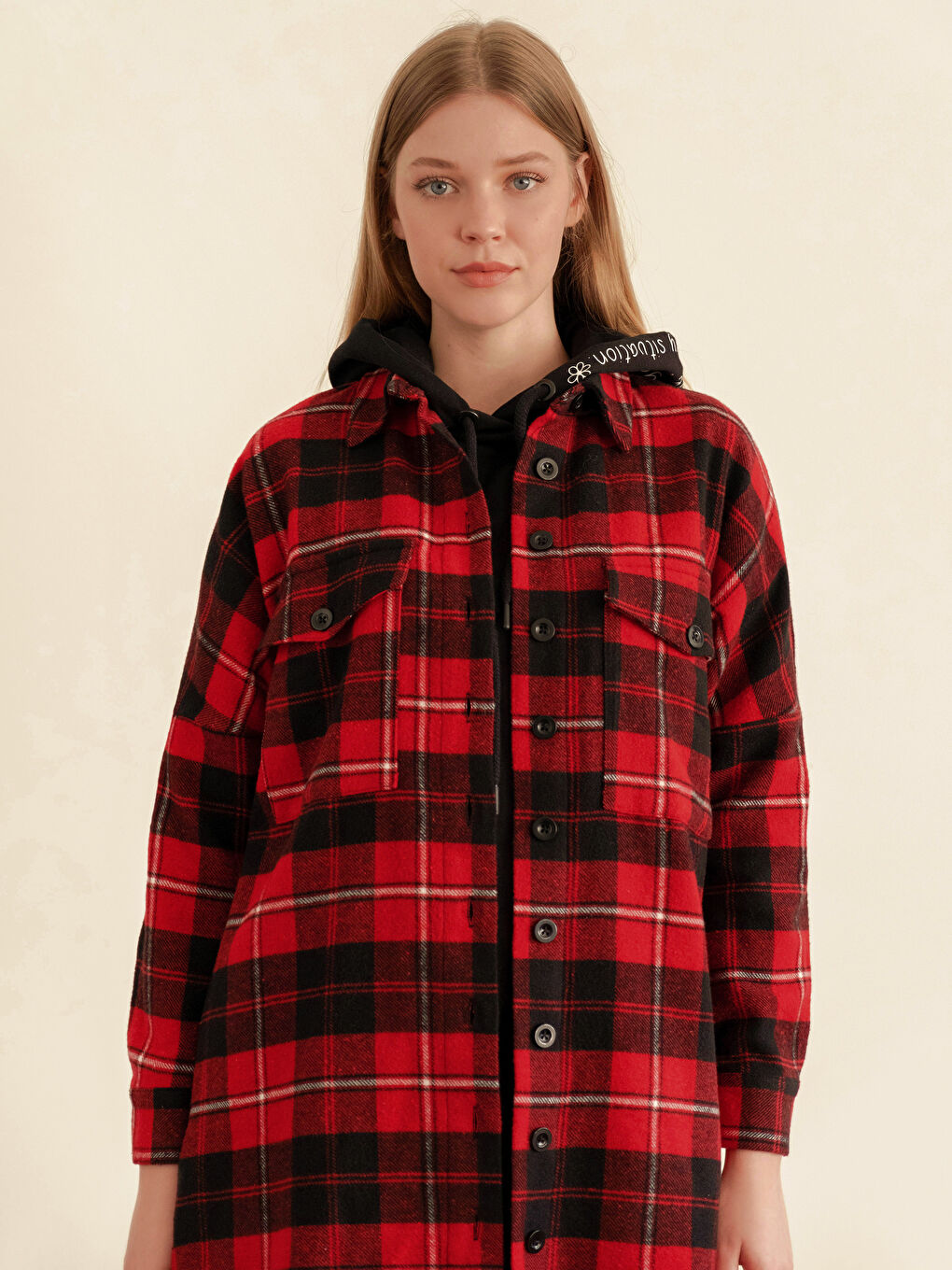 Kırmızı Ekose Uzun Kollu Kadın Gömlek Tunik-2