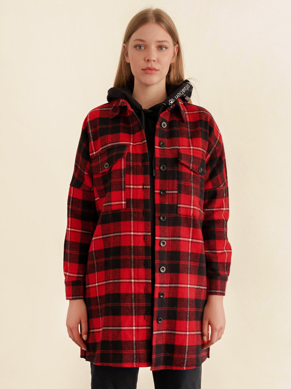Kırmızı Ekose Uzun Kollu Kadın Gömlek Tunik-3