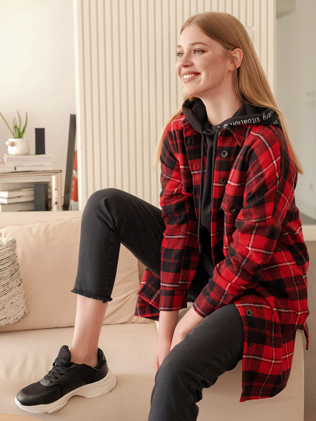 Kırmızı Ekose Uzun Kollu Kadın Gömlek Tunik-10