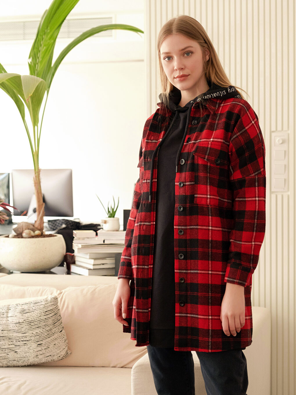 Kırmızı Ekose Uzun Kollu Kadın Gömlek Tunik-5