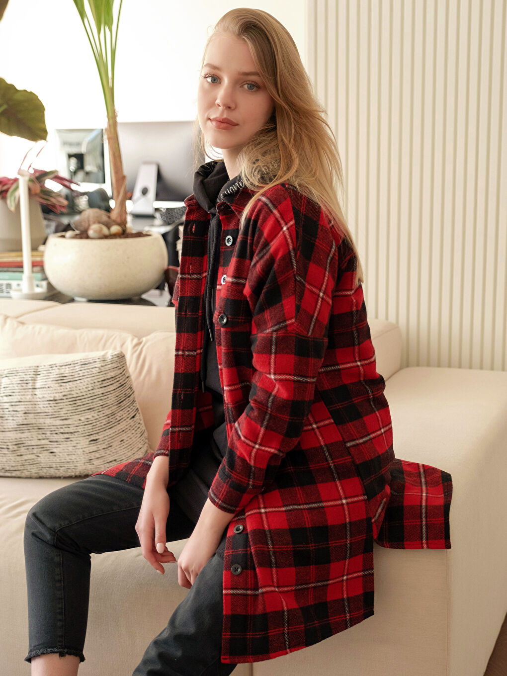 Kırmızı Ekose Uzun Kollu Kadın Gömlek Tunik-11