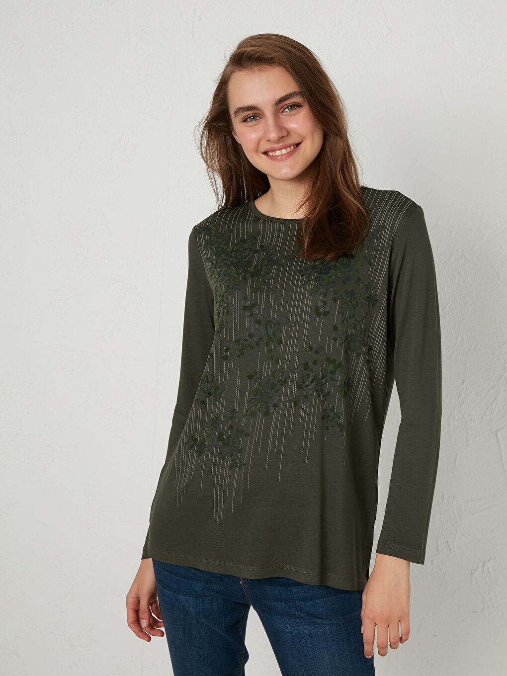 Crew Neck Long Sleeve Combed Cotton Women's Printed Flexible T-Shirt