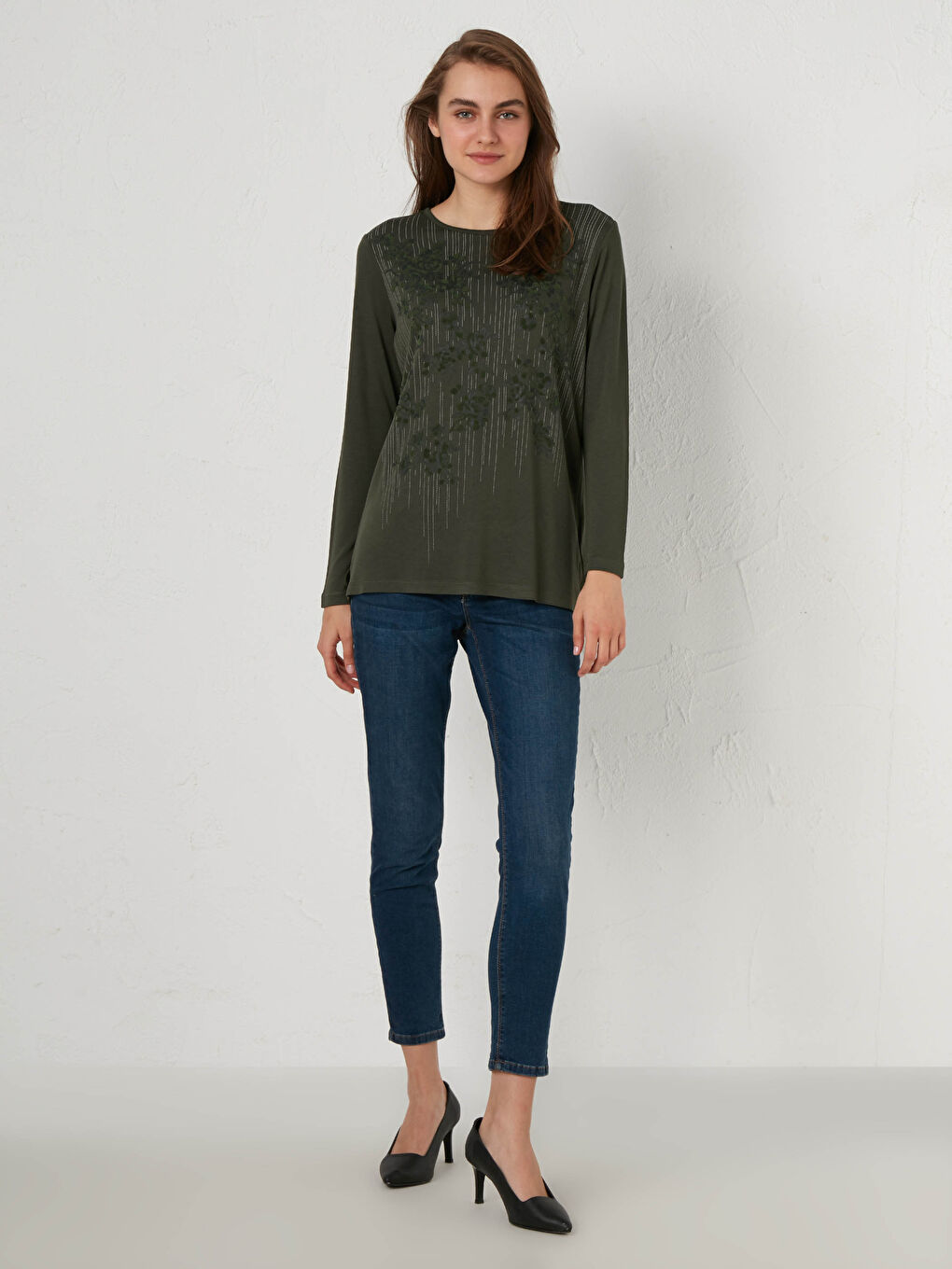 Crew Neck Long Sleeve Combed Cotton Women's Printed Flexible T-Shirt-1