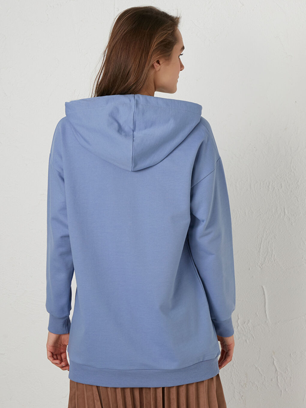 Mavi Kapüşonlu Basic Kadın Sweatshirt Tunik-2