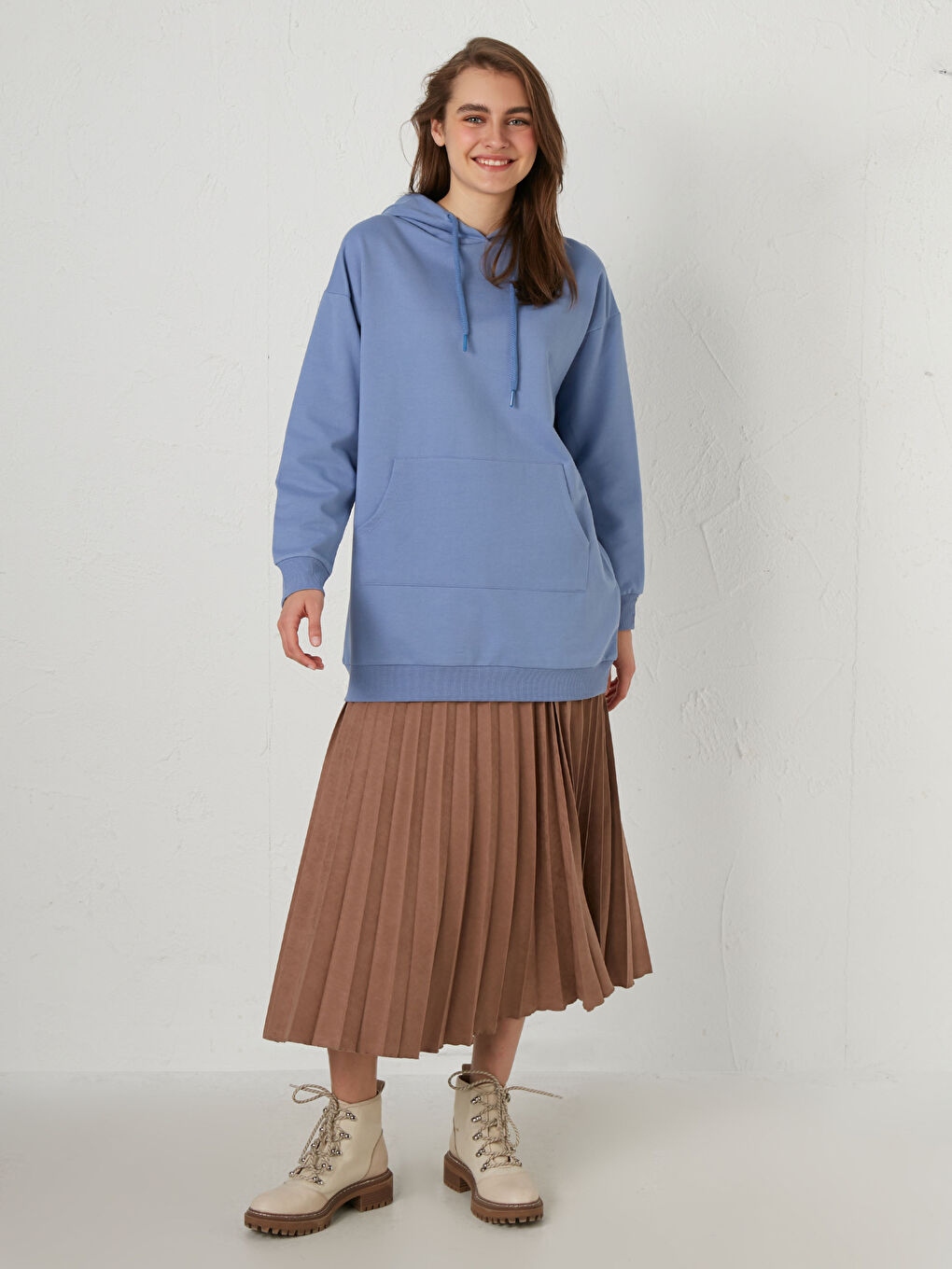 Mavi Kapüşonlu Basic Kadın Sweatshirt Tunik