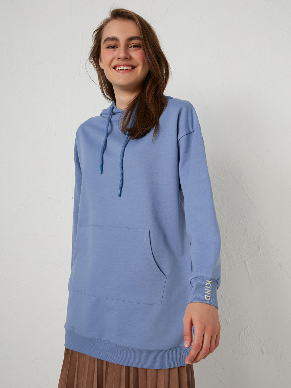 Mavi Kapüşonlu Basic Kadın Sweatshirt Tunik-1
