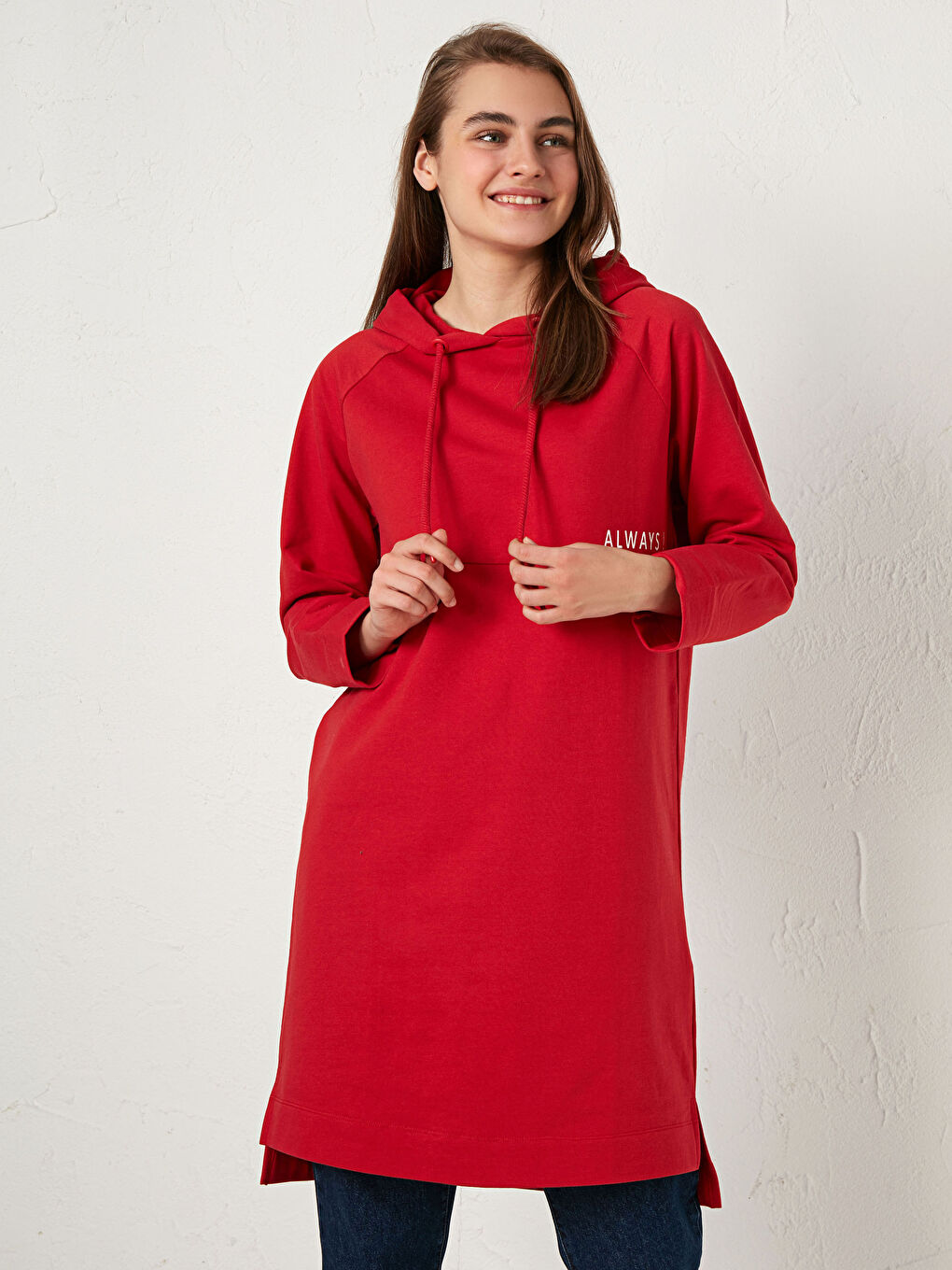 Kırmızı Baskılı Uzun Kollu Oversize Kadın Hoodie