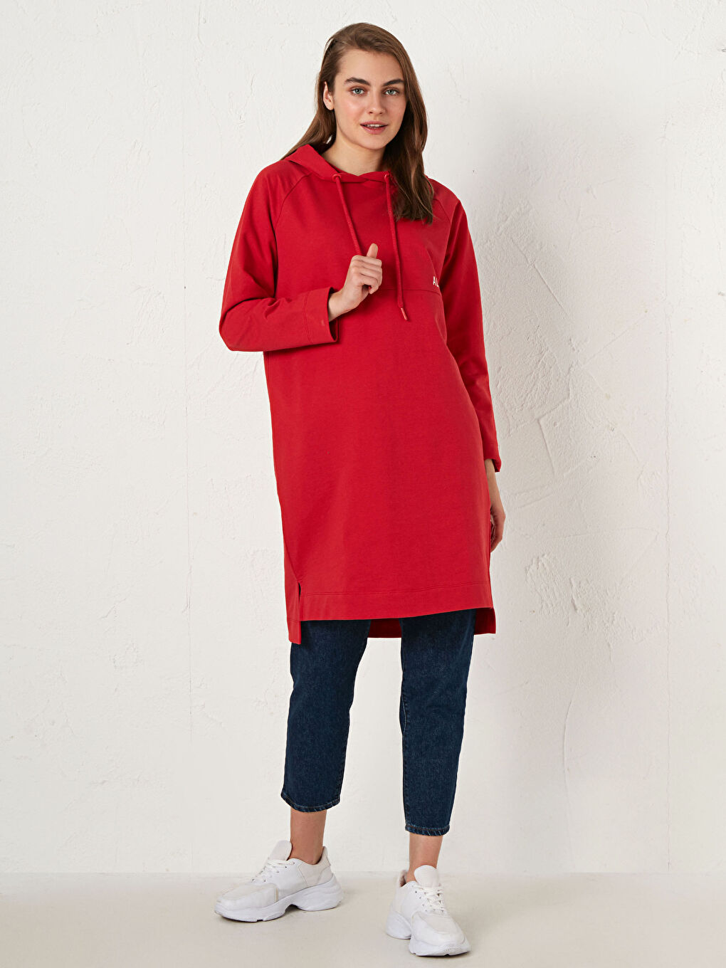 Kırmızı Baskılı Uzun Kollu Oversize Kadın Hoodie-1