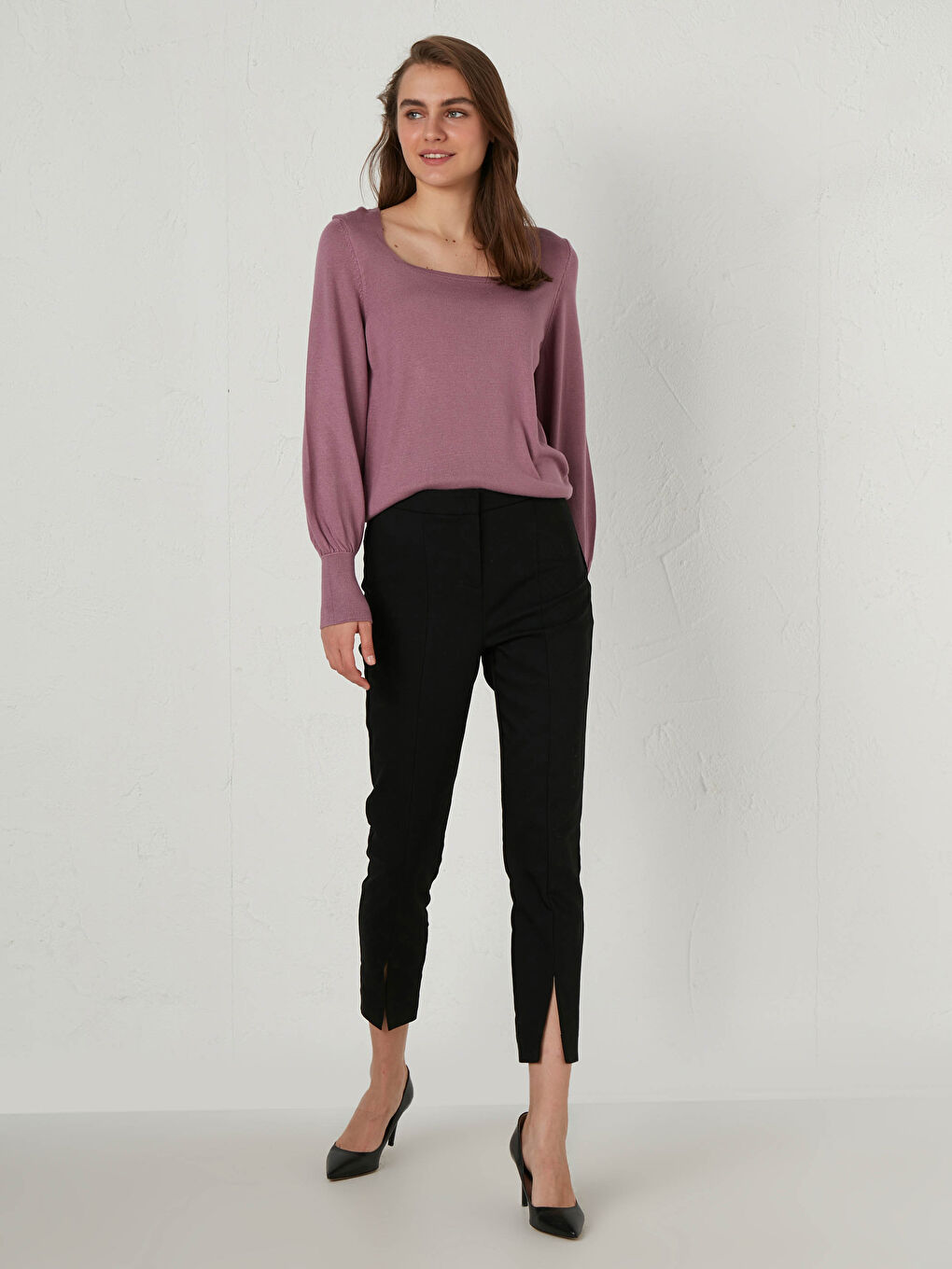 Mor Kare Yaka İnce Triko Kazak-3