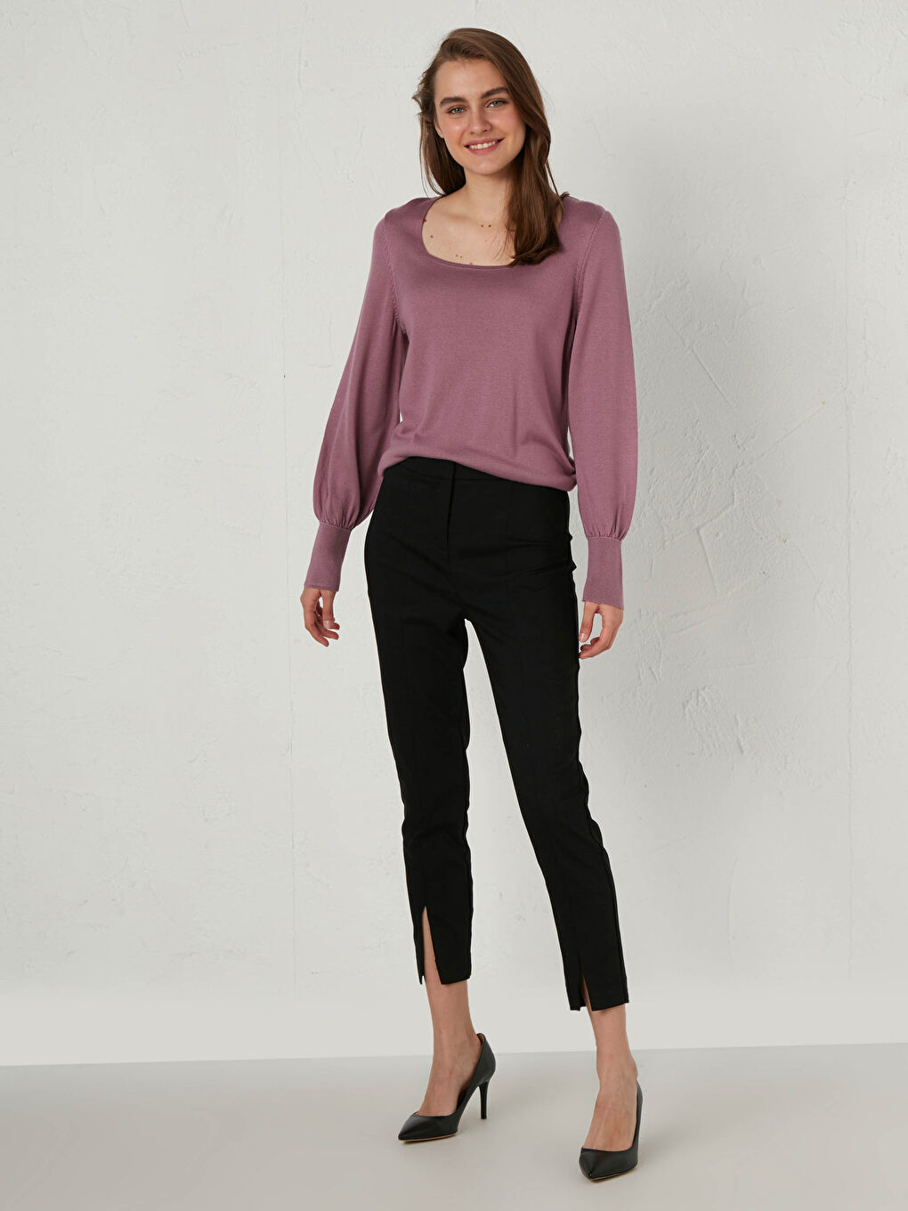 Mor Kare Yaka İnce Triko Kazak-4