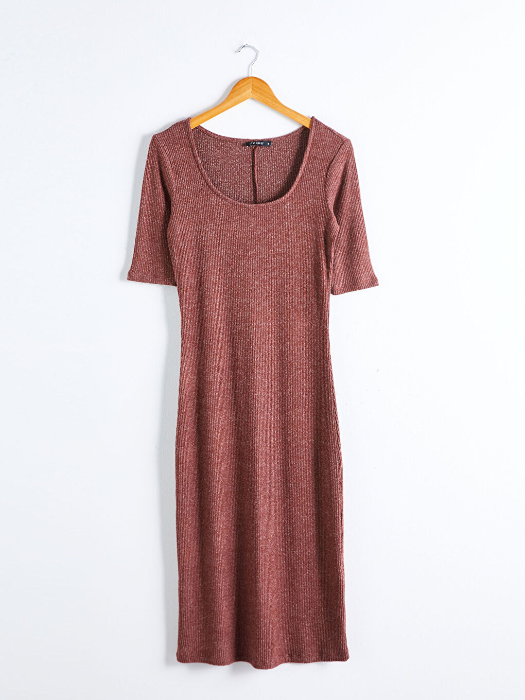 Kahverengi U Yaka Kısa Kollu Kadın Elbise-5