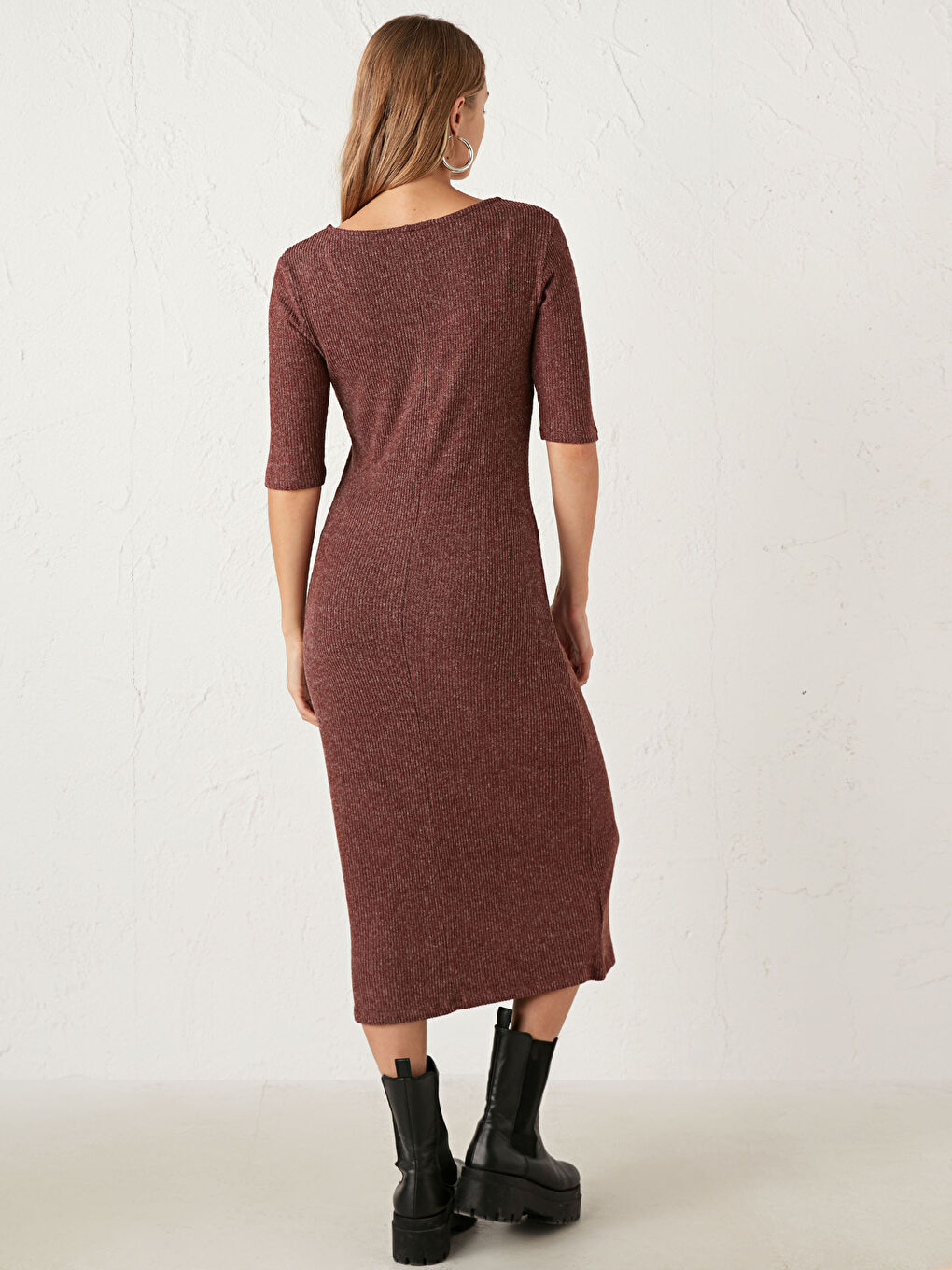Kahverengi U Yaka Kısa Kollu Kadın Elbise-4