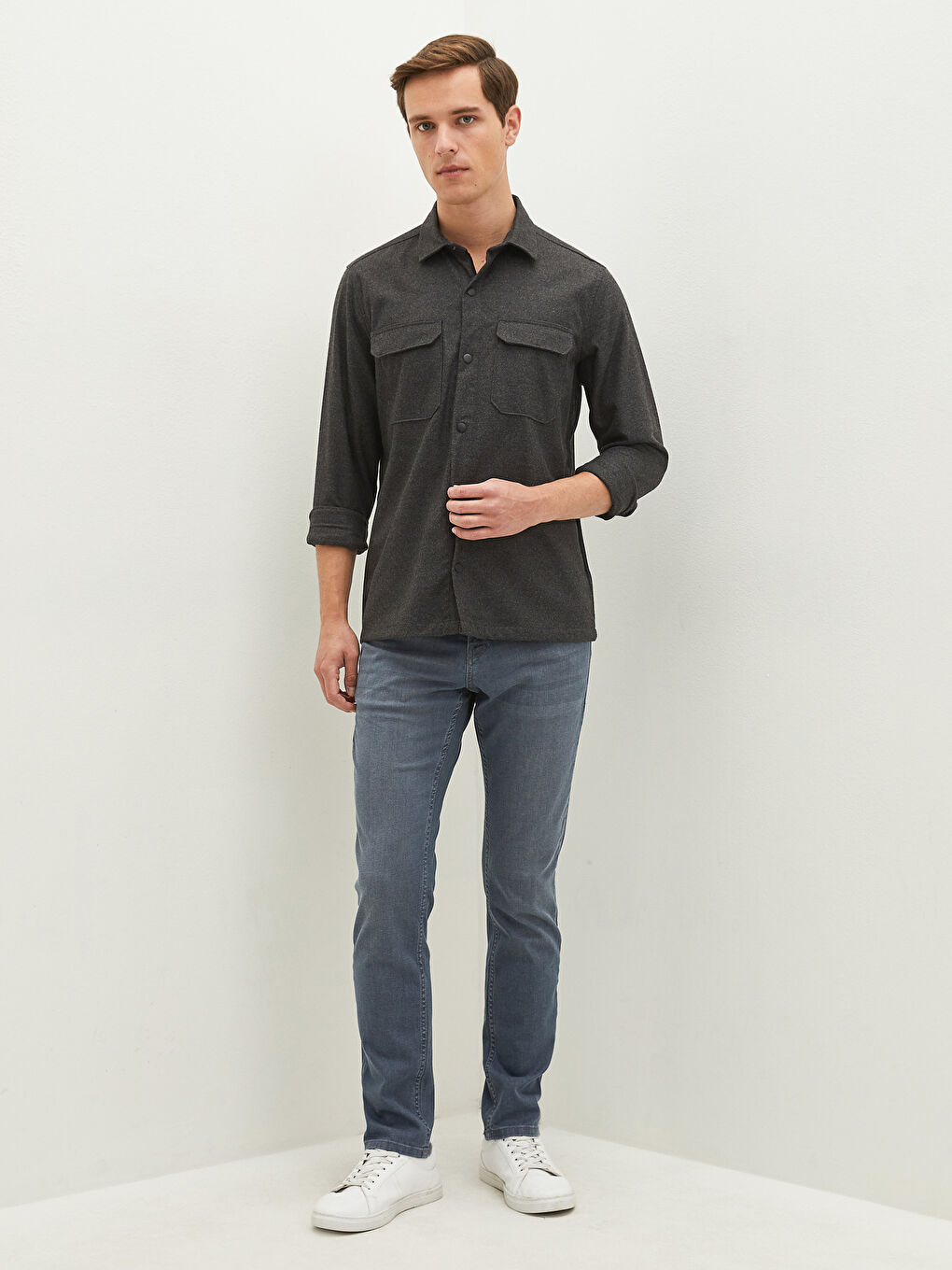 Antrasit Slim Fit Uzun Kollu Viskon Erkek Gömlek-2