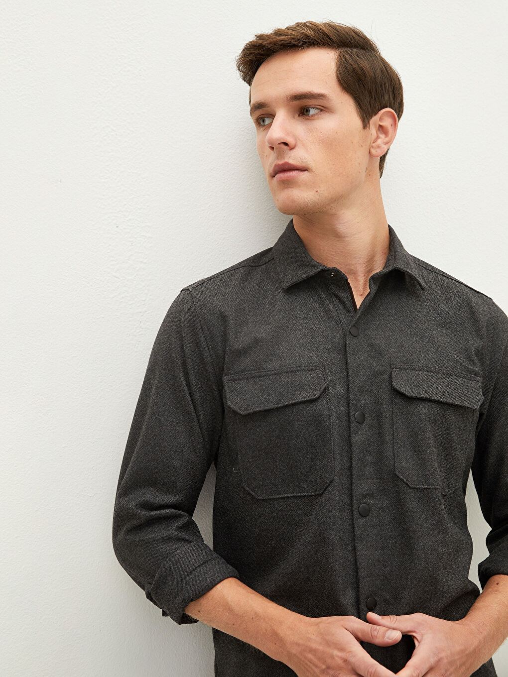 Antrasit Slim Fit Uzun Kollu Viskon Erkek Gömlek-4