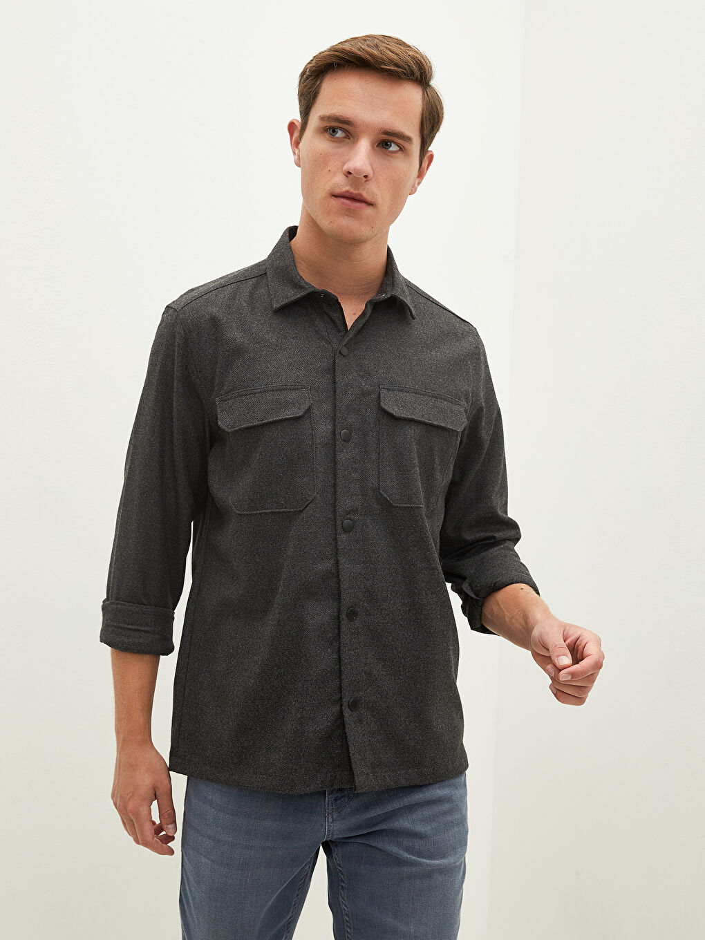 Antrasit Slim Fit Uzun Kollu Viskon Erkek Gömlek