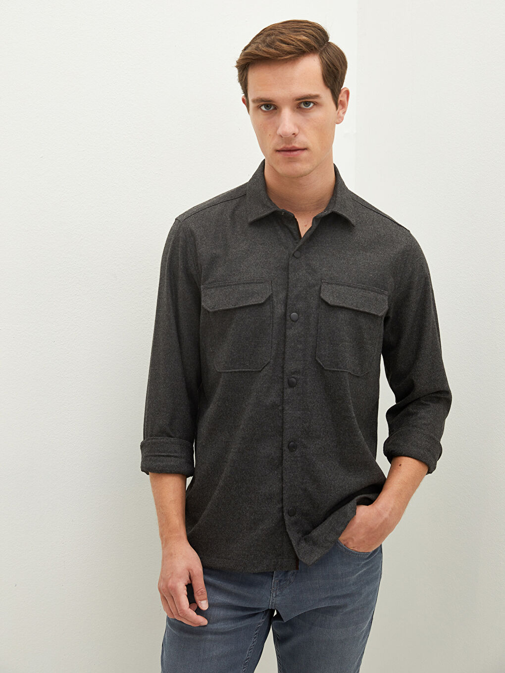 Antrasit Slim Fit Uzun Kollu Viskon Erkek Gömlek-1