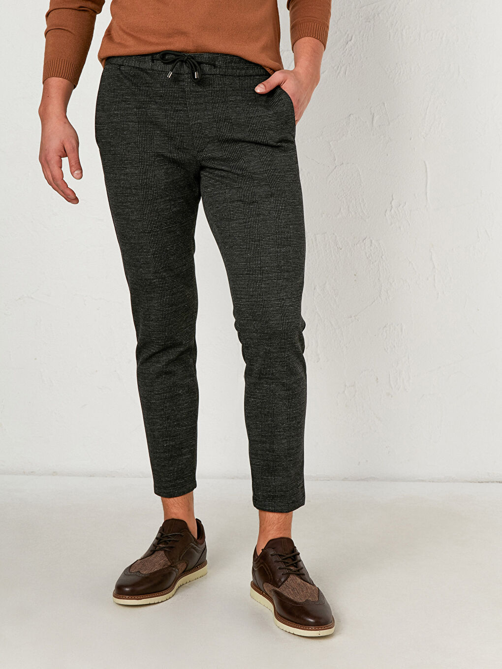 Slim Fit Chequered Poly Viscose Trousers-2