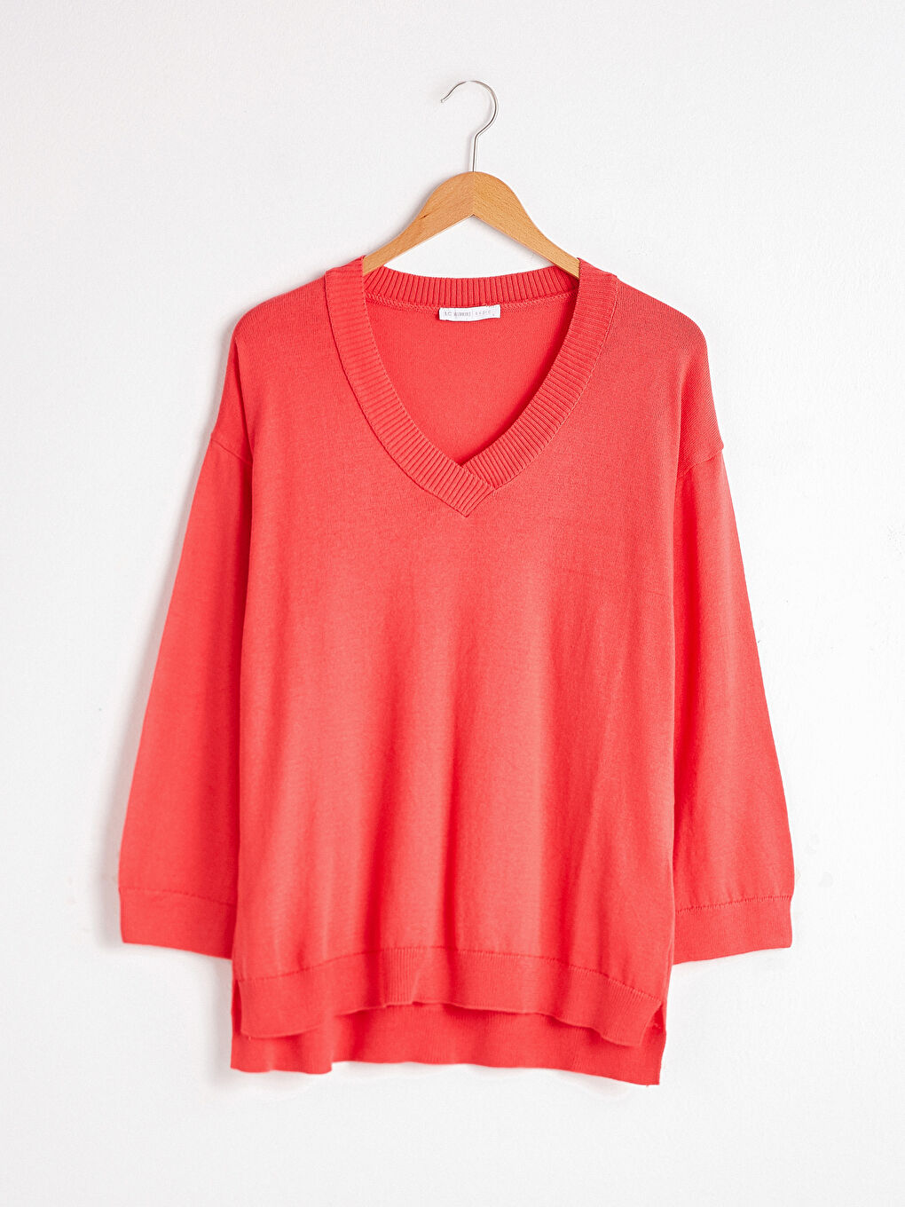 Kırmızı V Yaka Salaş Triko Kazak-5