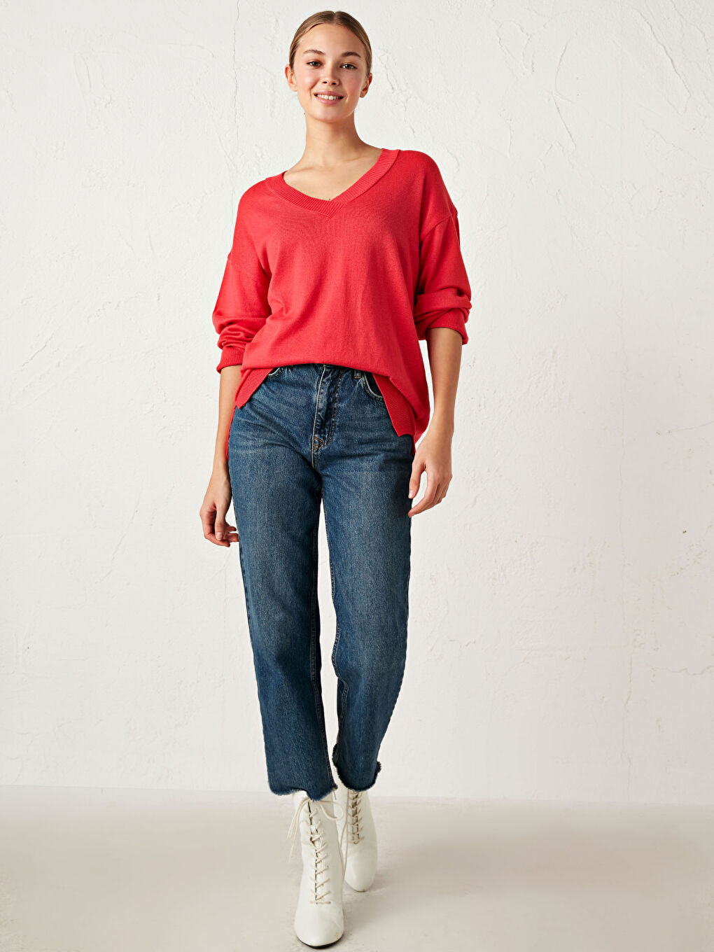 Kırmızı V Yaka Salaş Triko Kazak-3