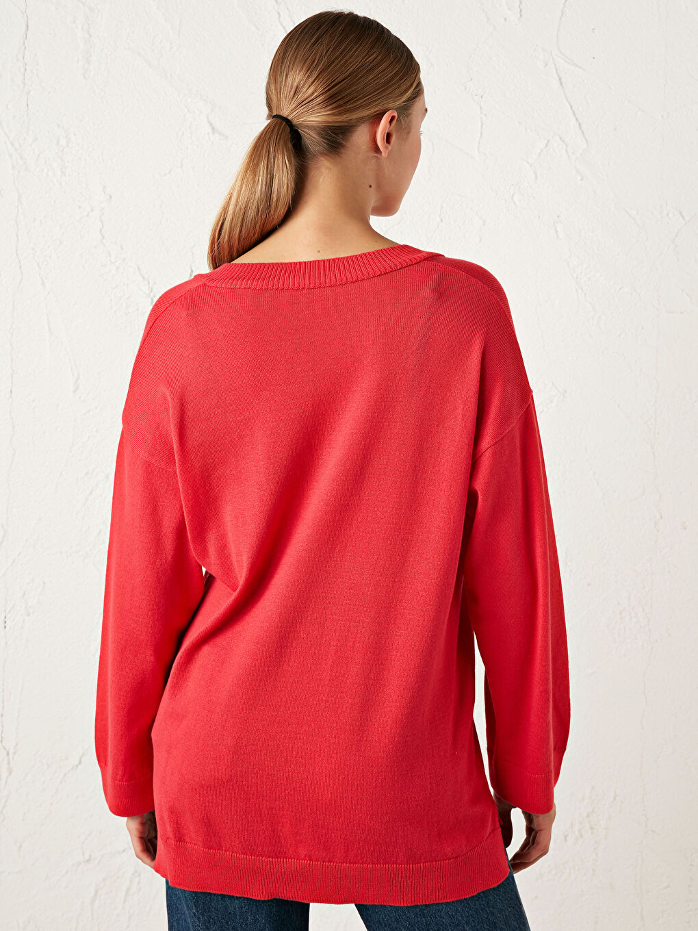 Kırmızı V Yaka Salaş Triko Kazak-4