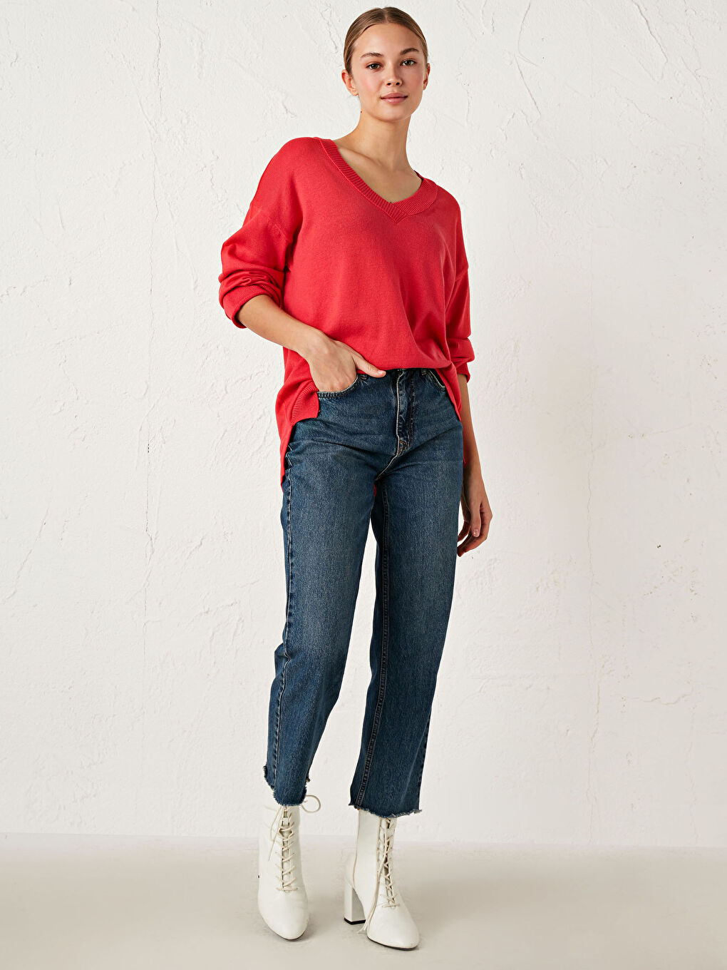 Kırmızı V Yaka Salaş Triko Kazak-2