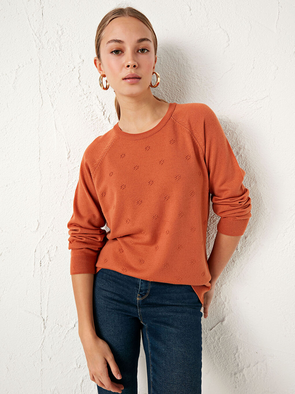 Turuncu Bisiklet Yaka Akrilik Triko Kazak-2