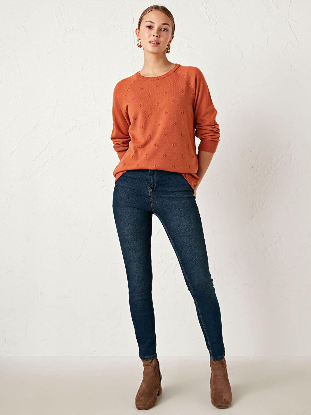 Turuncu Bisiklet Yaka Akrilik Triko Kazak-3