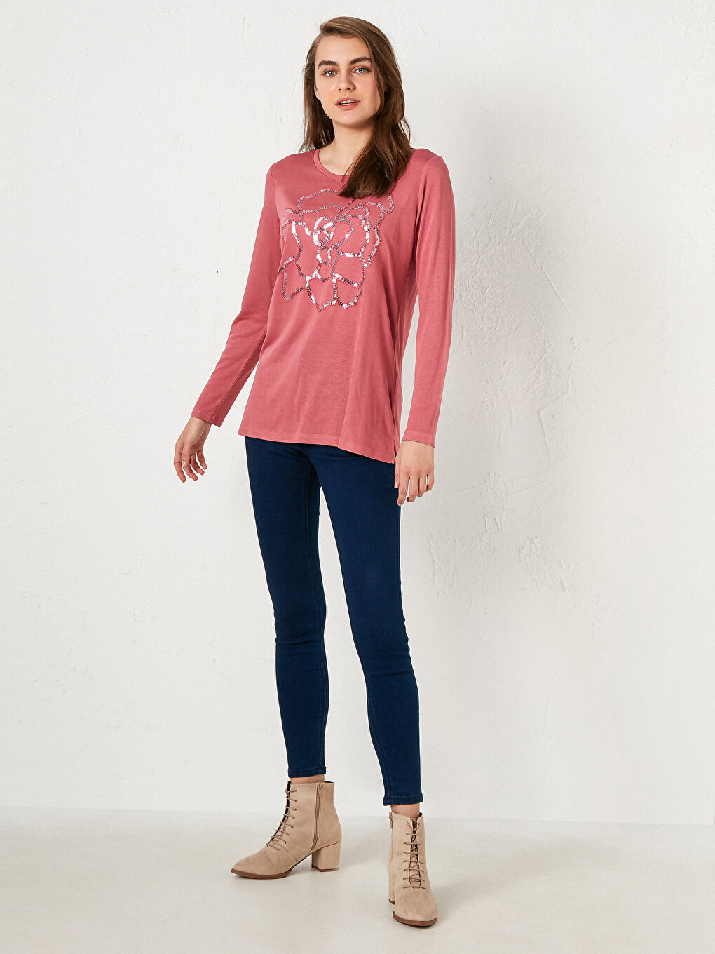 Embroidered Long Sleeve Crew Neck Blouse-2
