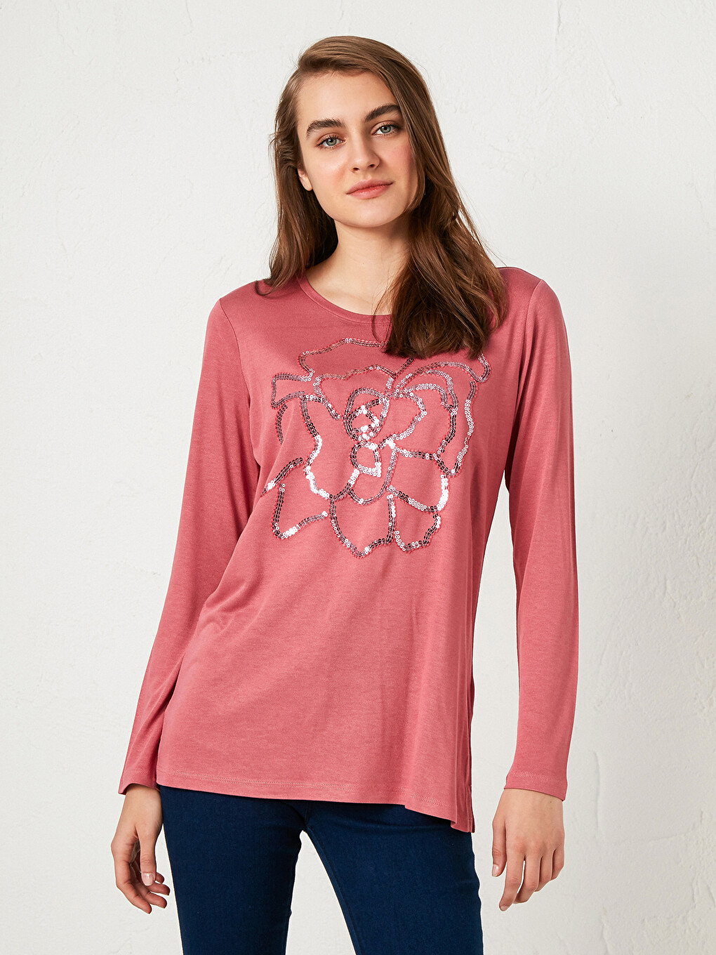Embroidered Long Sleeve Crew Neck Blouse