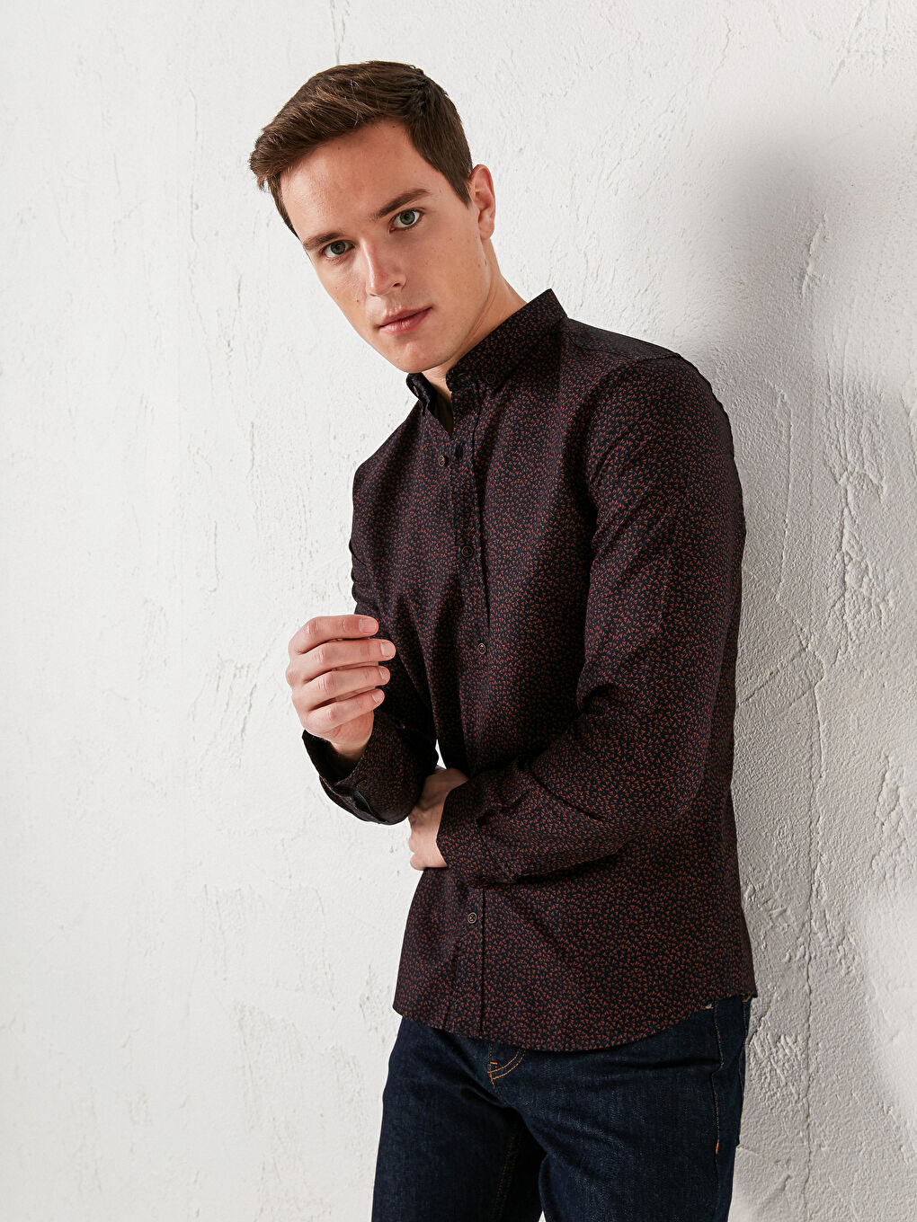 Тар пішімді ұзын жеңді өрнекті оксфорд жейде-1